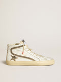 Men's Slide LAB in white leather with star and flash in brown suede