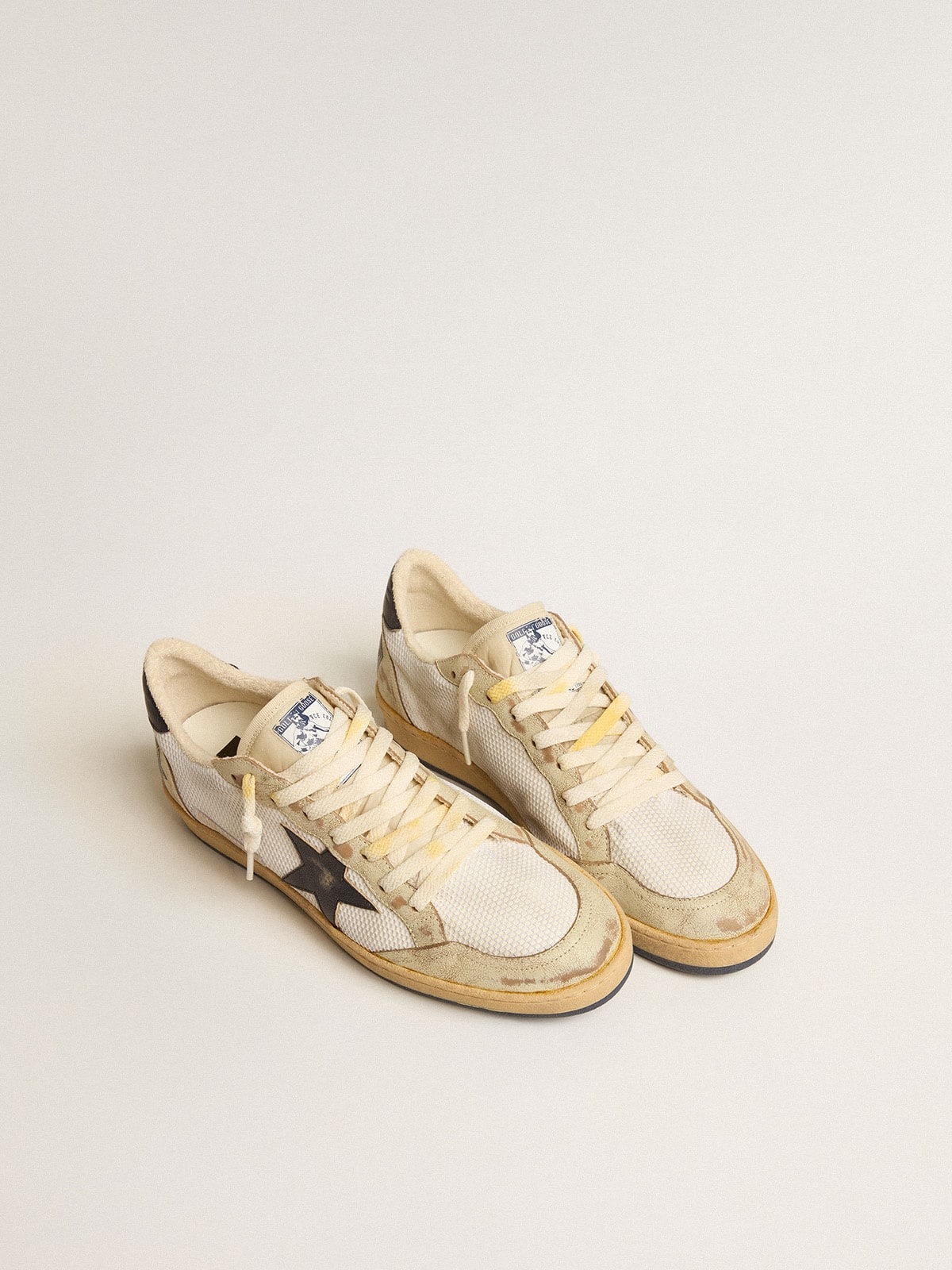 Ball Star in white mesh with vintage blue leather star and heel tab