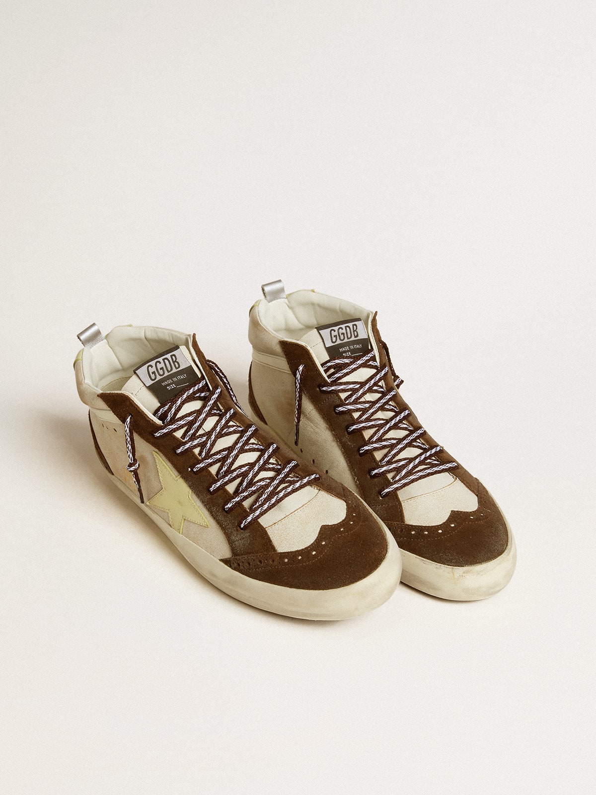 Men's Mid Star in beige glitter with yellow suede star and cotton flash