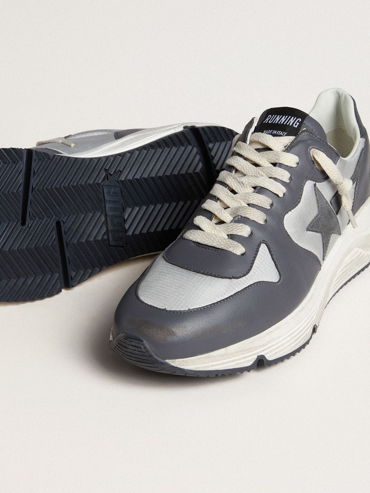 Men's Running Sole in gray nylon and black nappa leather with a black suede star