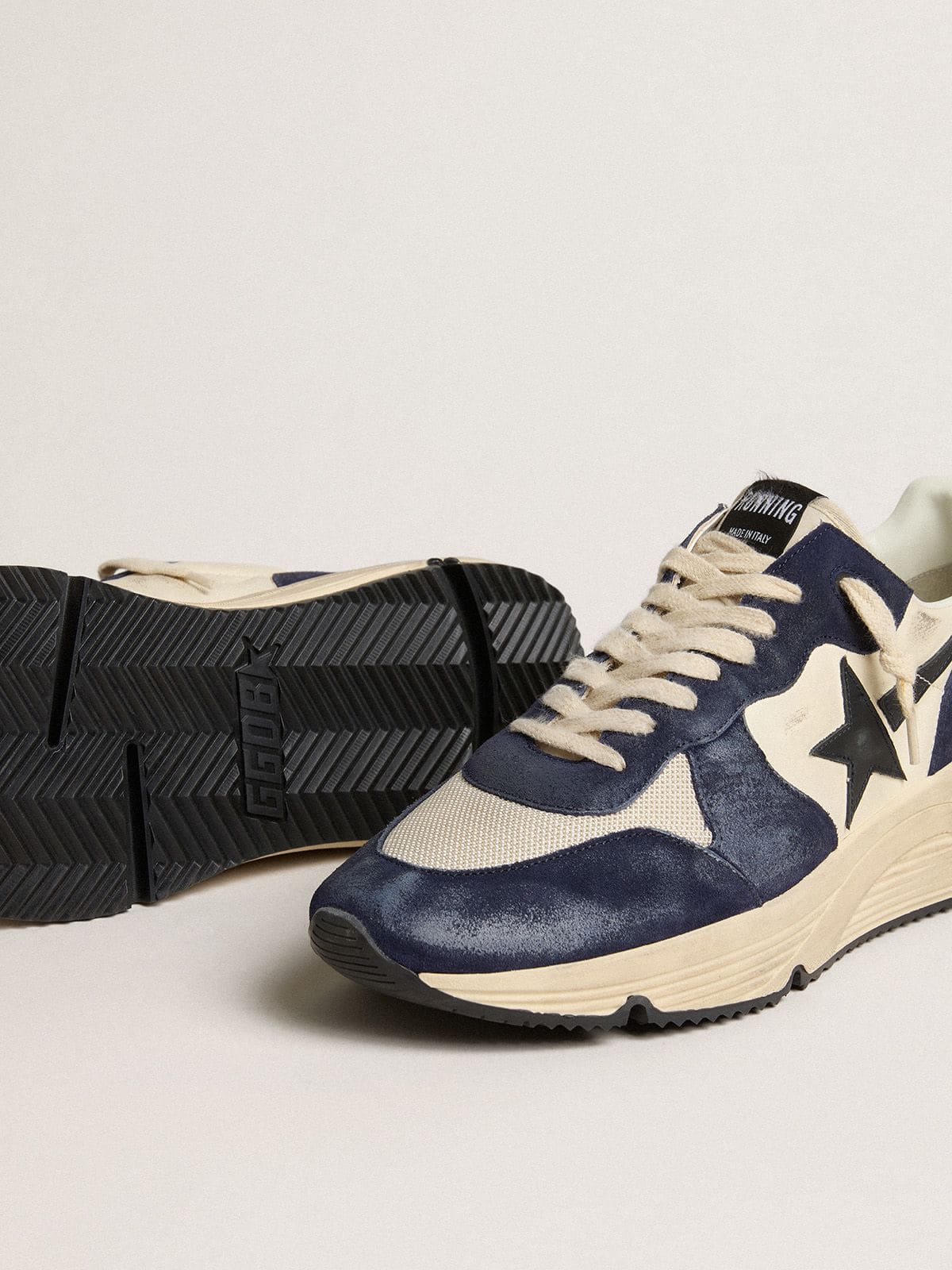 Men's Running Sole in black and beige nappa leather with black star and heel tab