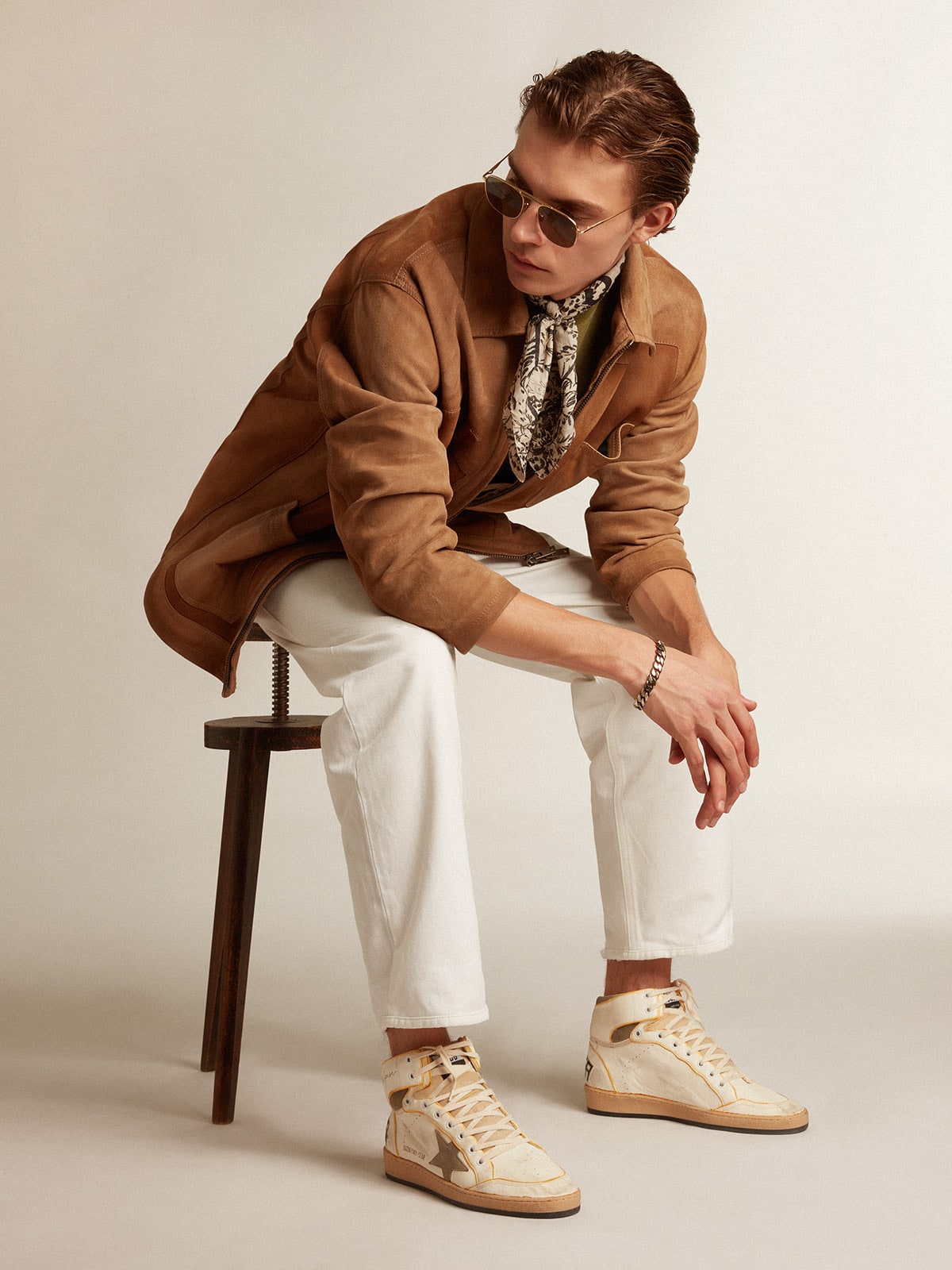 Men's Sky-Star in white nappa leather with dove-gray suede star
