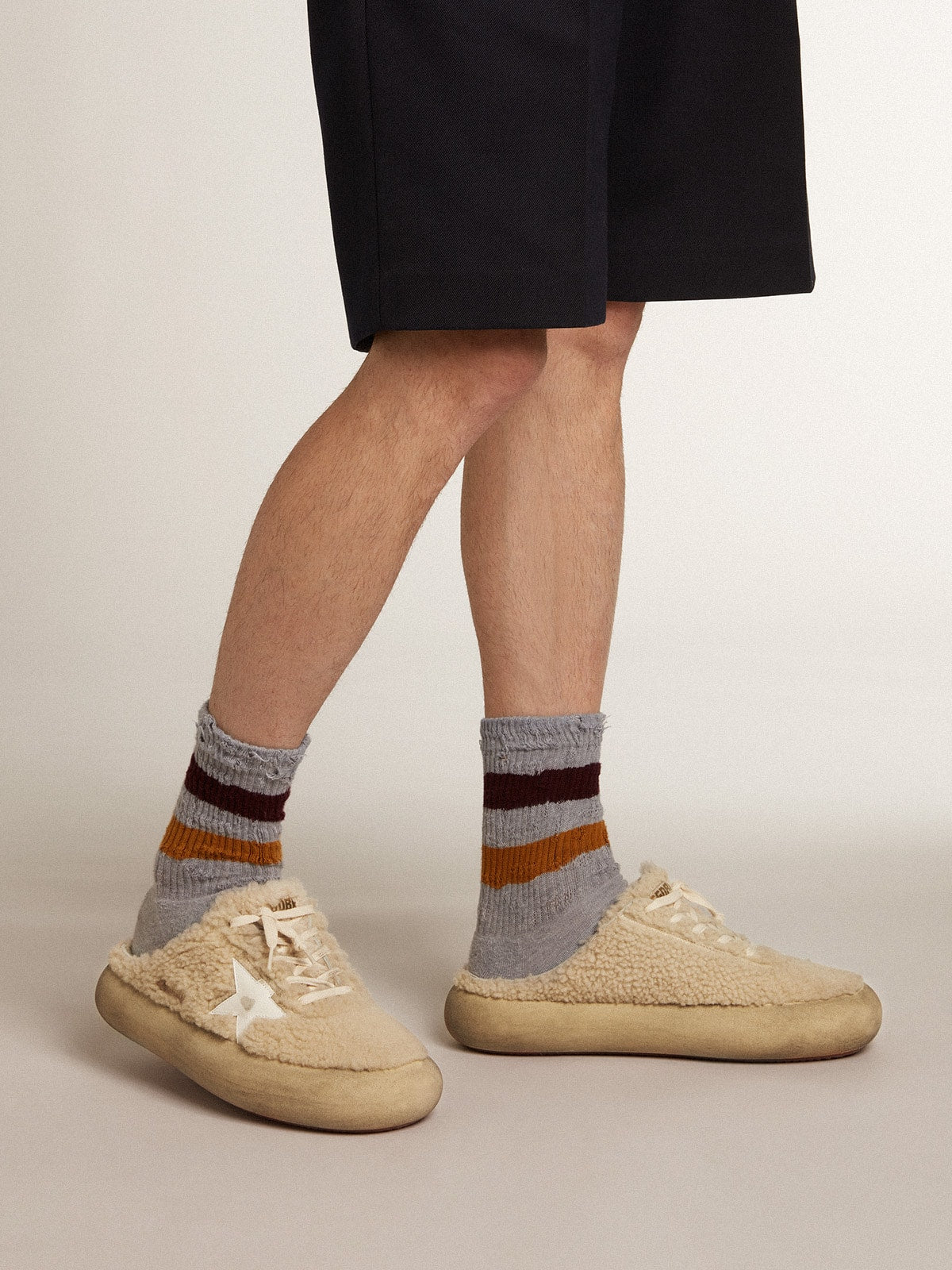Men's Space-Star Sabots in beige shearling with white leather star