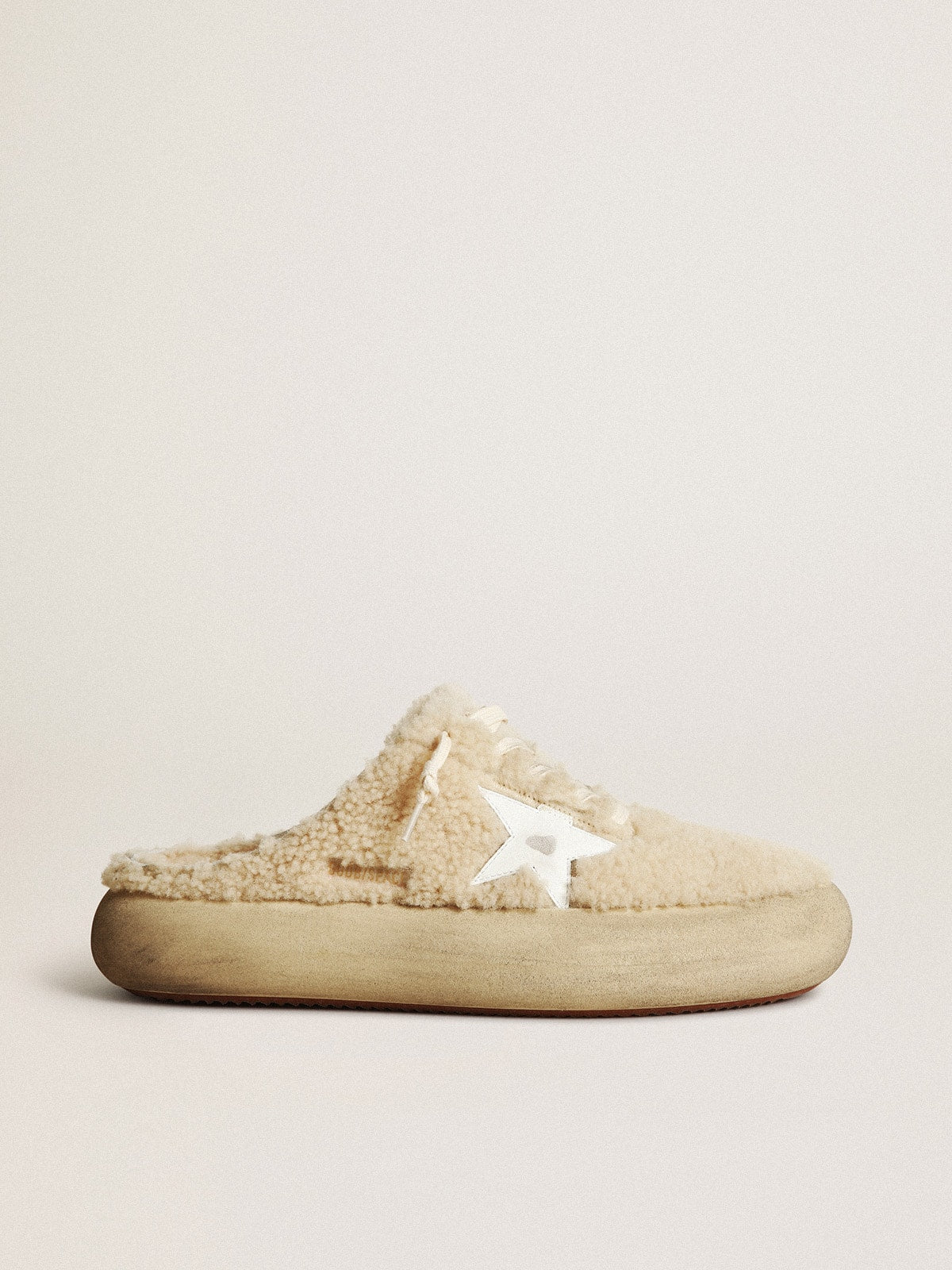 Men's Space-Star Sabots in beige shearling with white leather star