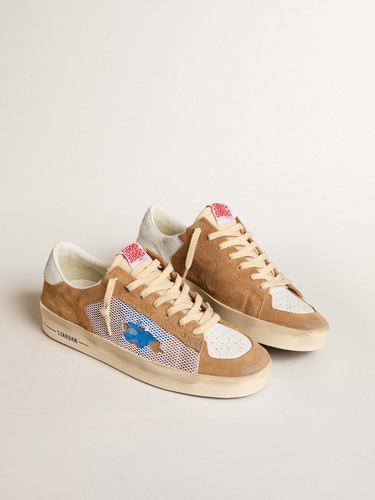 Stardan LTD in tobacco suede and mesh with blue star and leather heel tab
