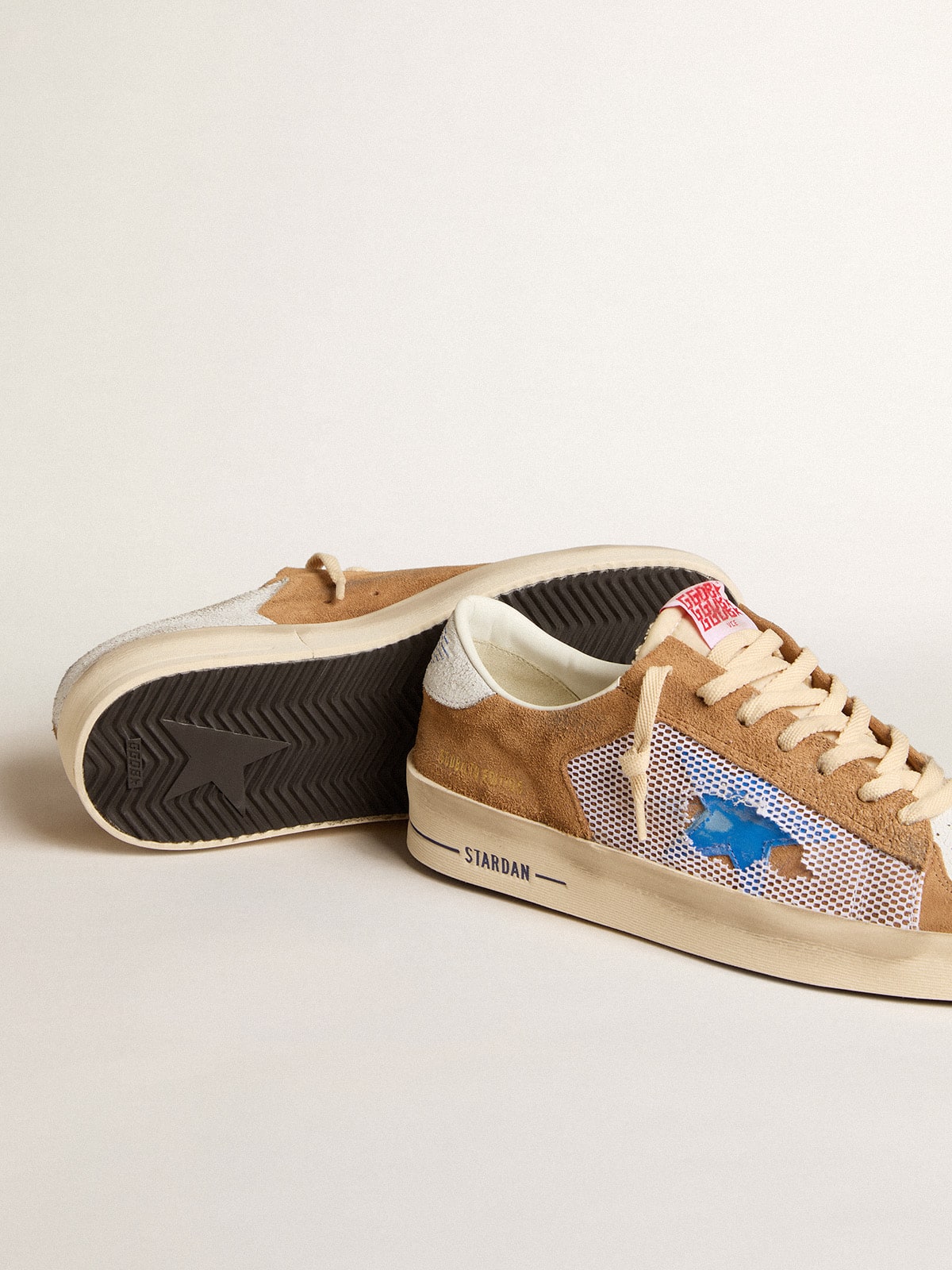 Stardan LTD in tobacco suede and mesh with blue star and leather heel tab