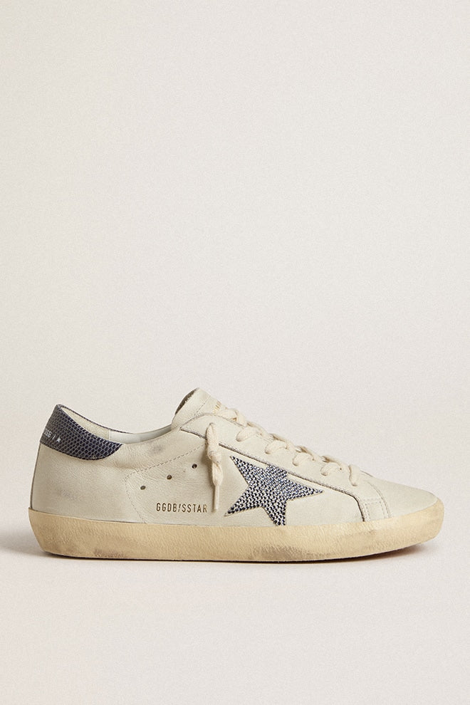 Super-Star LTD with cream-colored leather star with Swarovski crystals and blue leather heel tab with lizard print