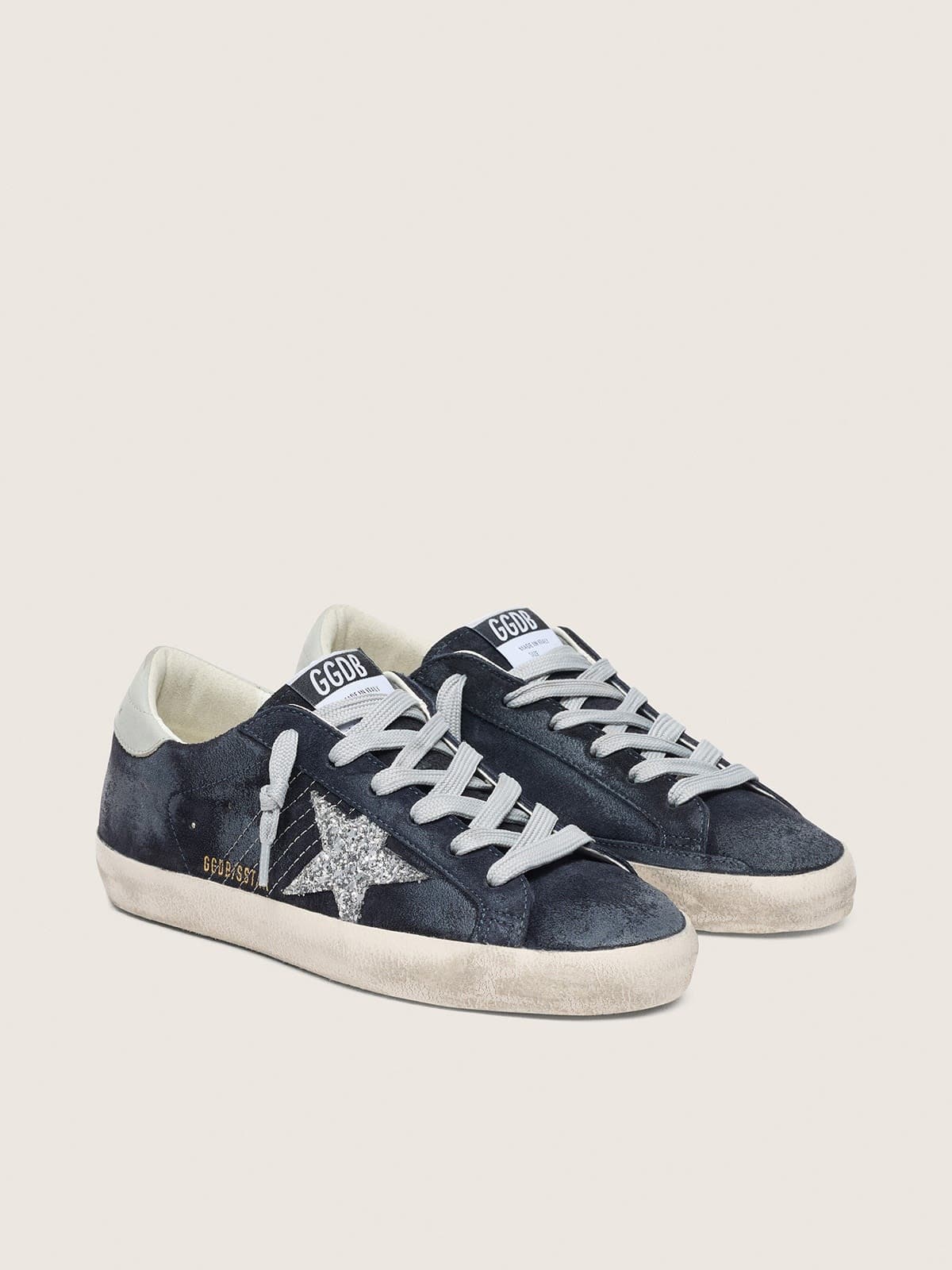 Women's Super-Star in blue suede, silver glitter star and leather heel tab