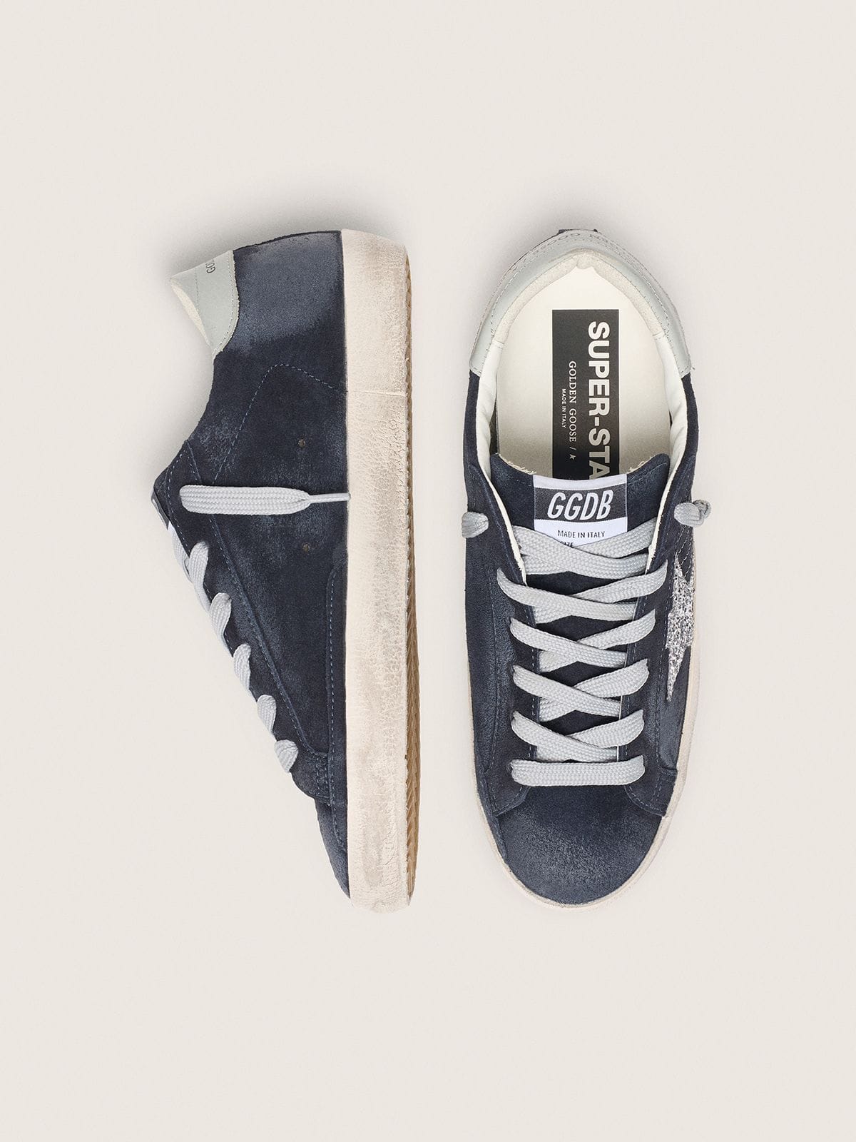 Women's Super-Star in blue suede, silver glitter star and leather heel tab