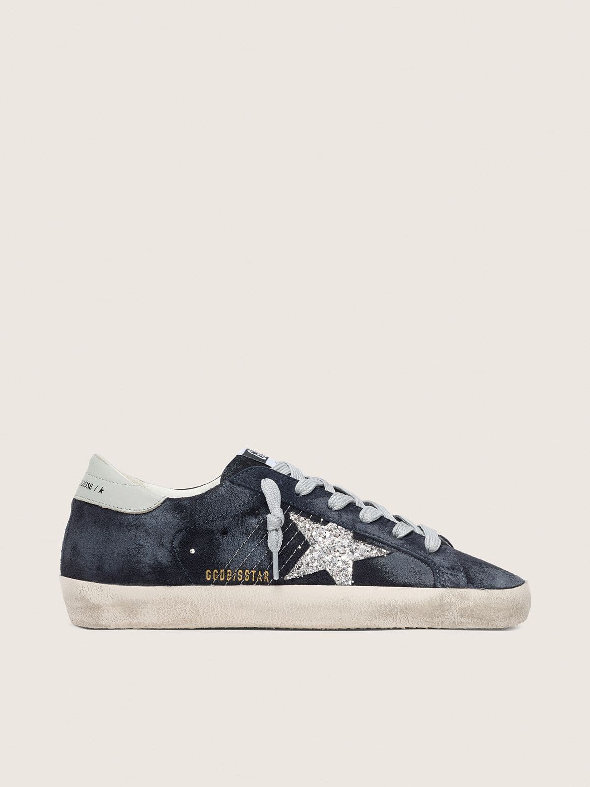 Women's Super-Star in blue suede, silver glitter star and leather heel tab