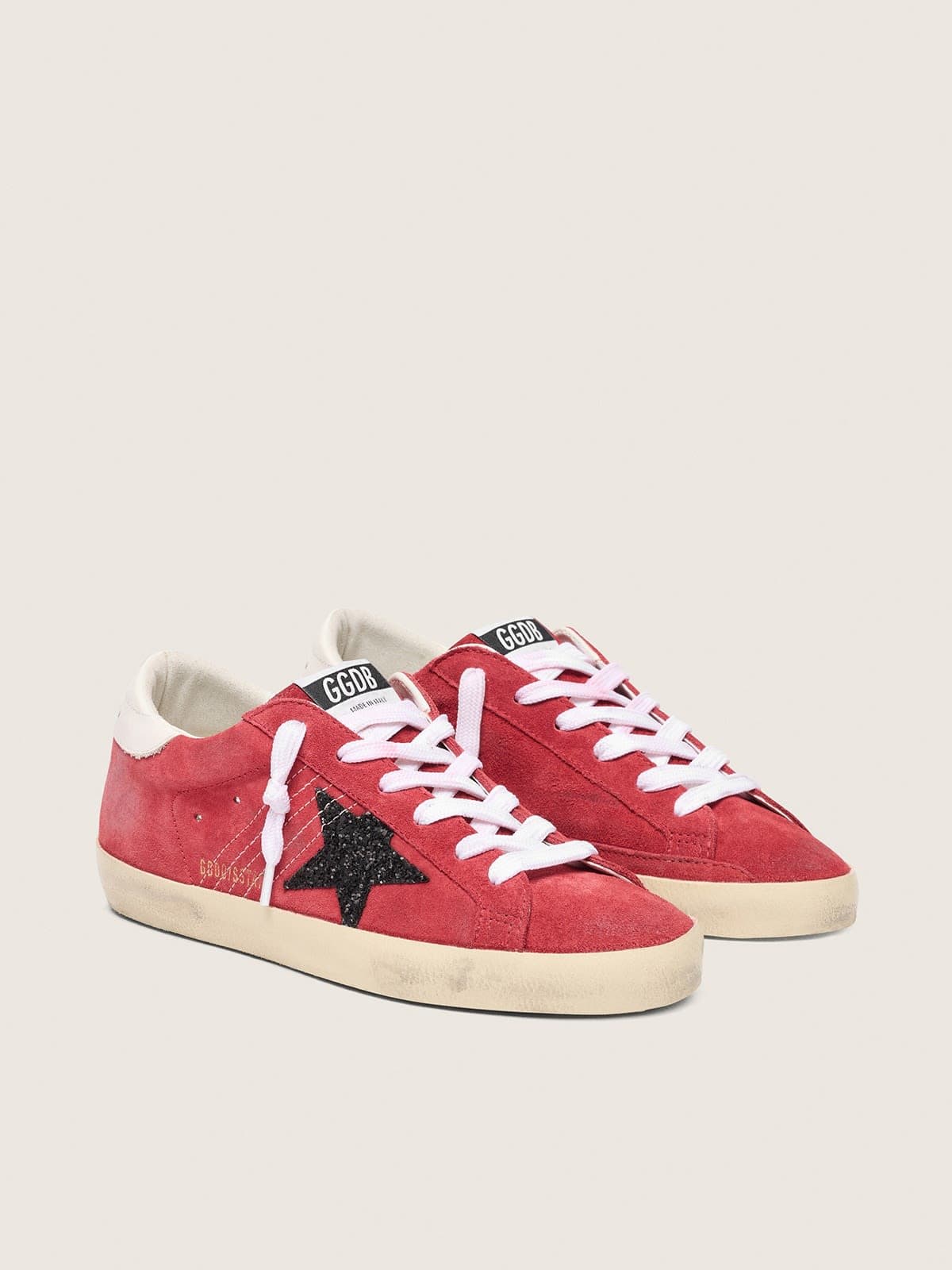 Women's Super-Star in red suede with glitter star and white heel tab