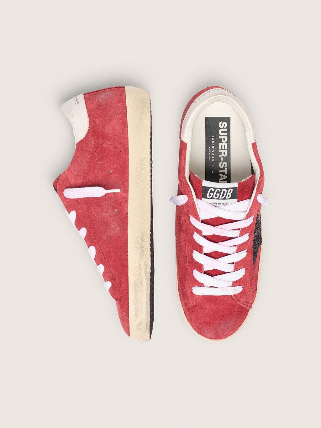 Women's Super-Star in red suede with glitter star and white heel tab