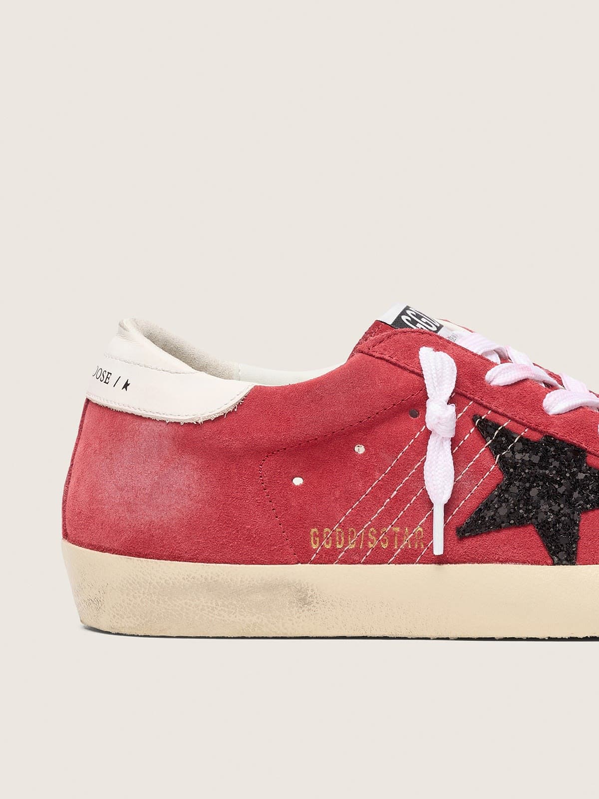 Women's Super-Star in red suede with glitter star and white heel tab
