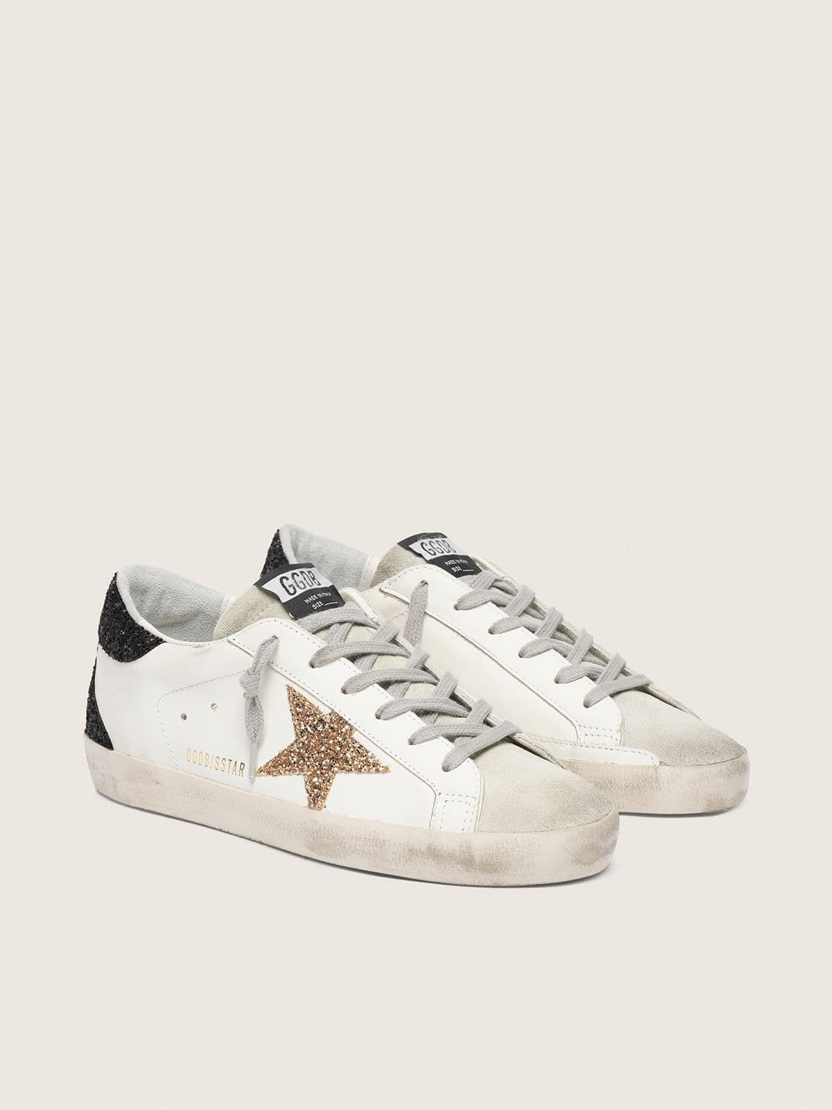 Women's Super-Star in nappa leather with gold glitter star and black glitter heel tab