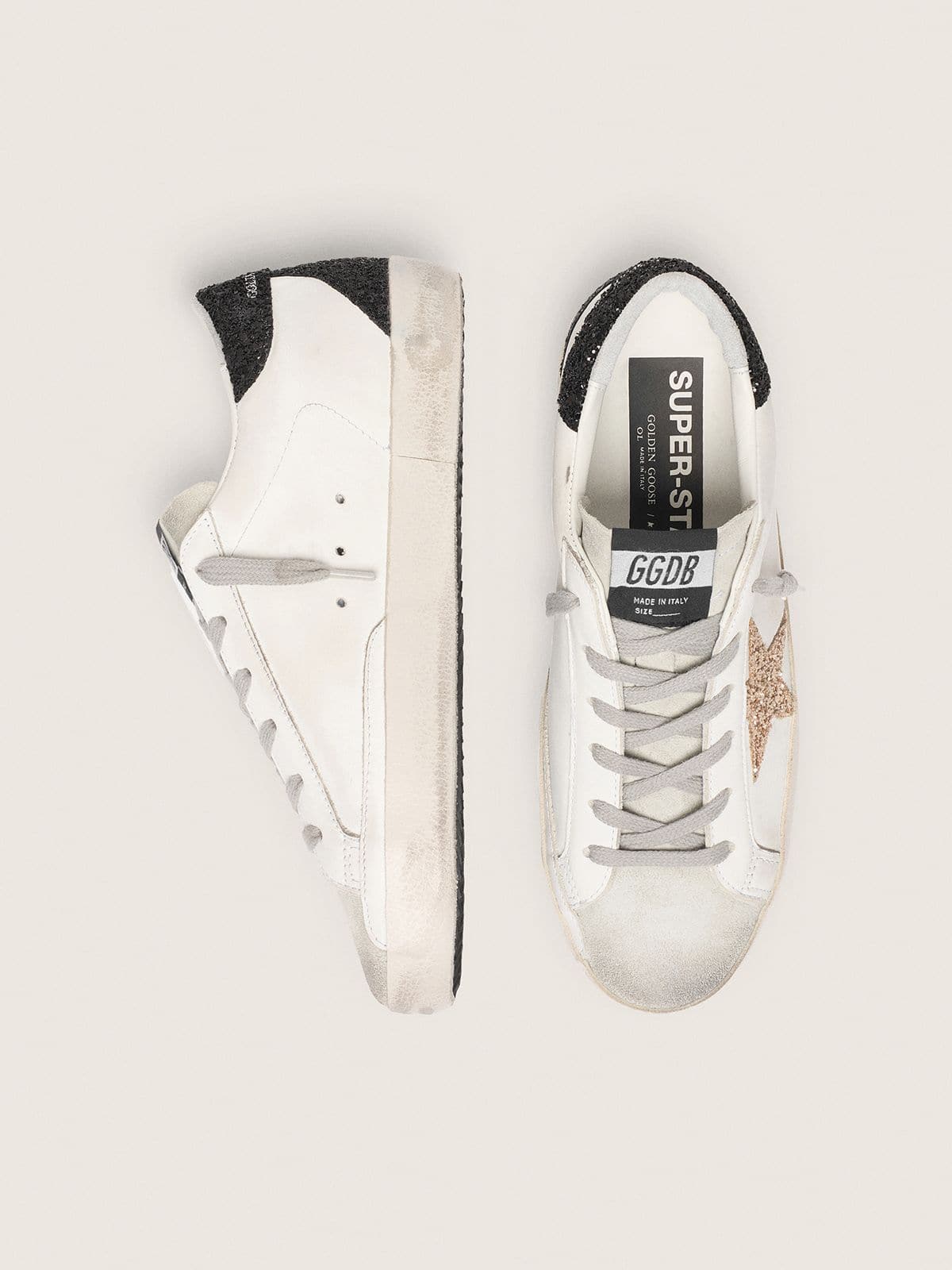 Women's Super-Star in nappa leather with gold glitter star and black glitter heel tab