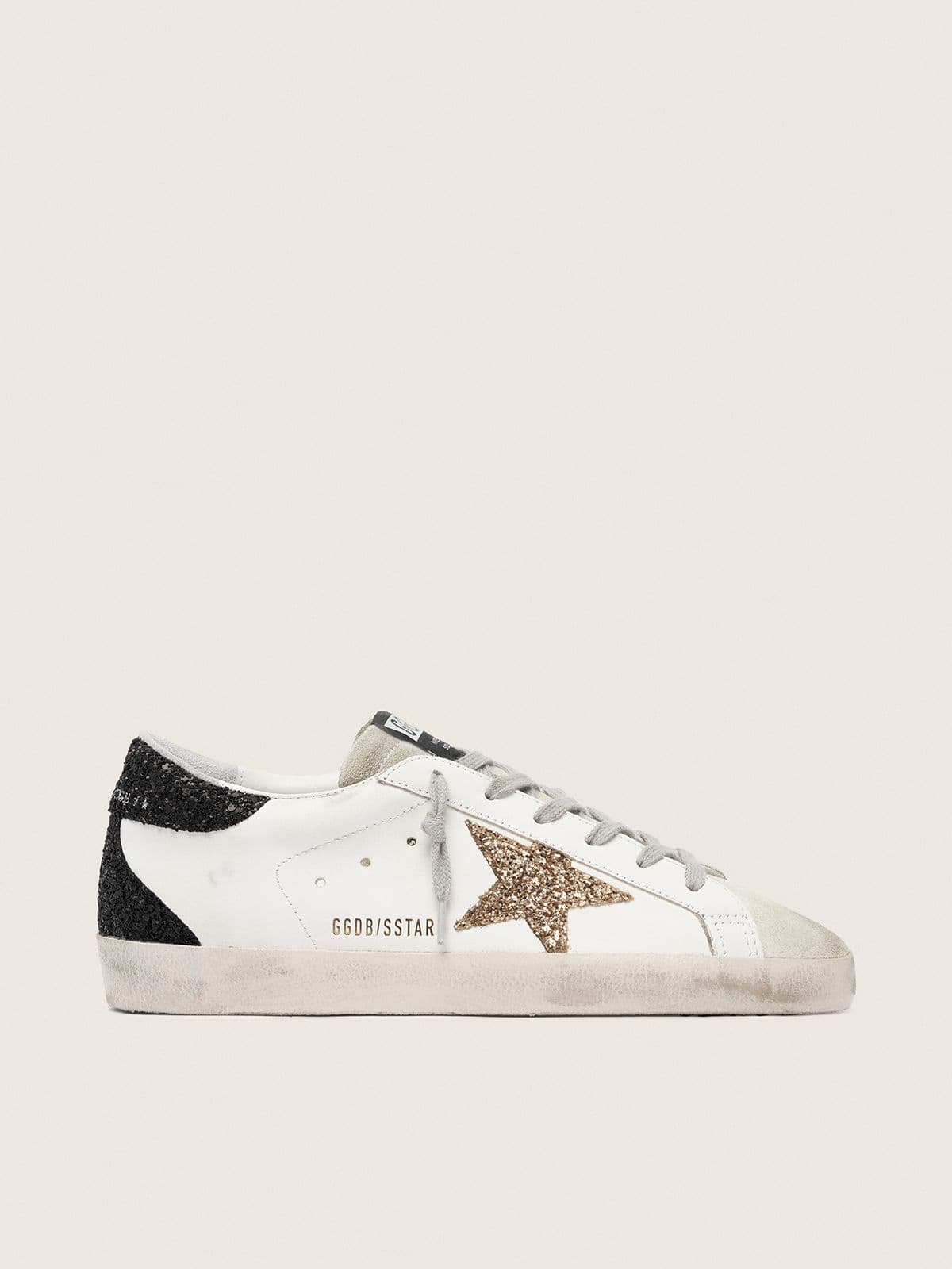 Women's Super-Star in nappa leather with gold glitter star and black glitter heel tab