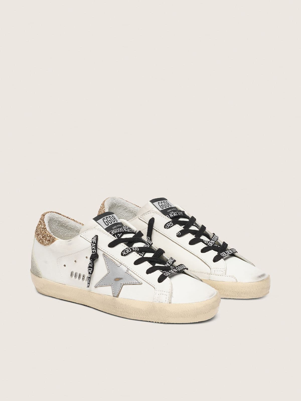 Women's white leather Super-Star sneakers with glittery heel tab