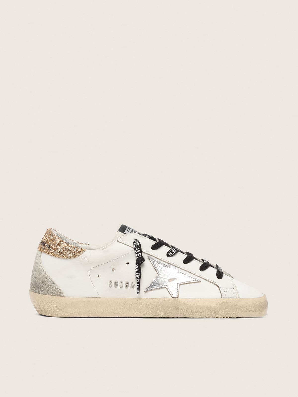 Women's white leather Super-Star sneakers with glittery heel tab