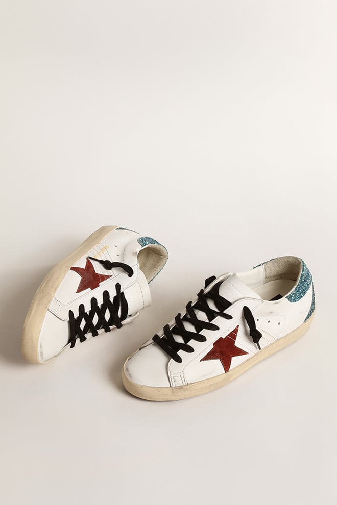 Women's Super-Star with burgundy suede star and light blue glitter heel tab