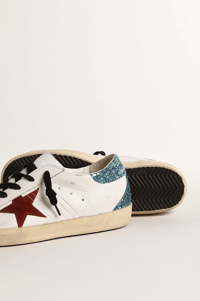 Women's Super-Star with burgundy suede star and light blue glitter heel tab
