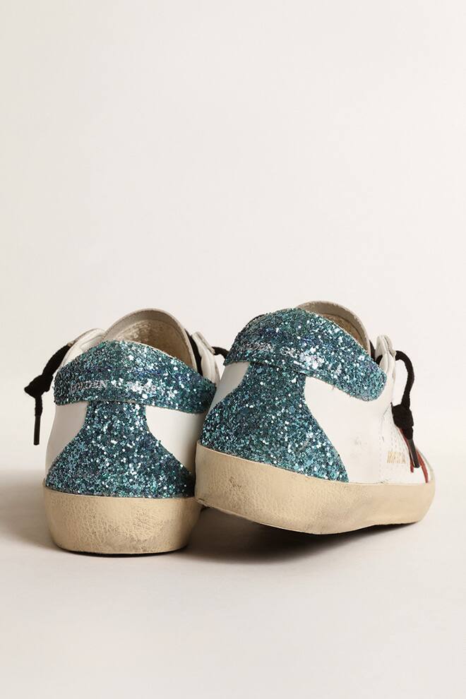 Women's Super-Star with burgundy suede star and light blue glitter heel tab