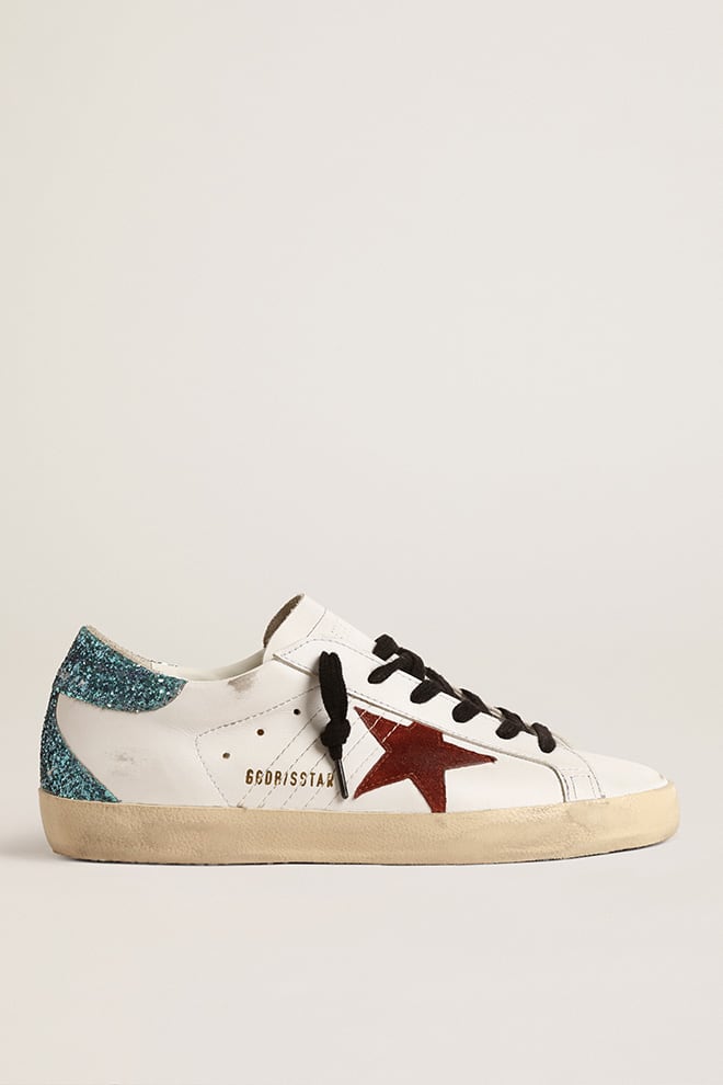 Women's Super-Star with burgundy suede star and light blue glitter heel tab