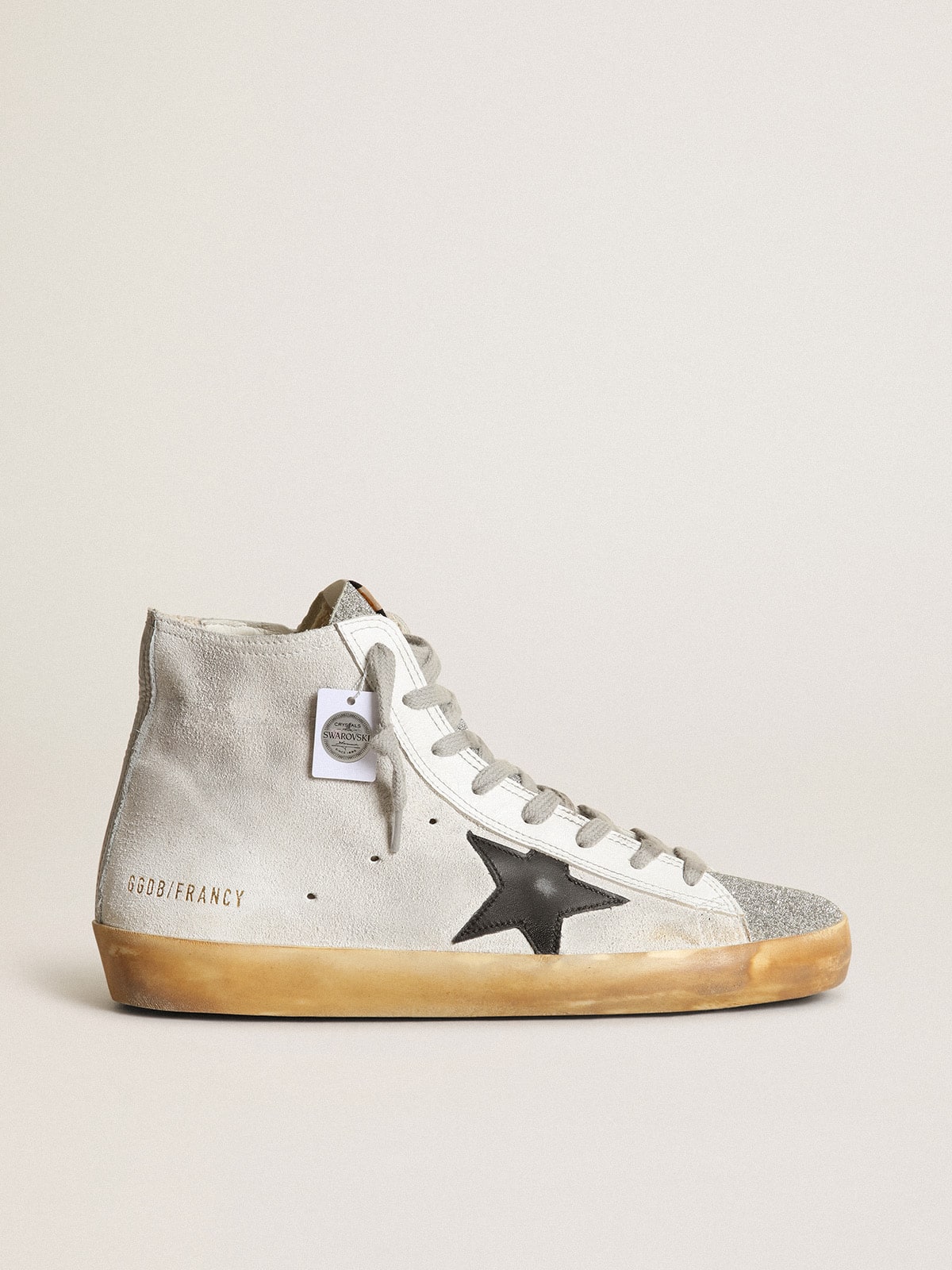 Women's Francy in white suede with black leather star and silver Swarovski crystal tongue
