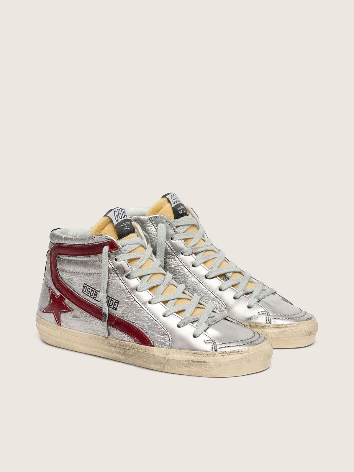Women's Slide with silver metallic leather upper and red metallic leather flash