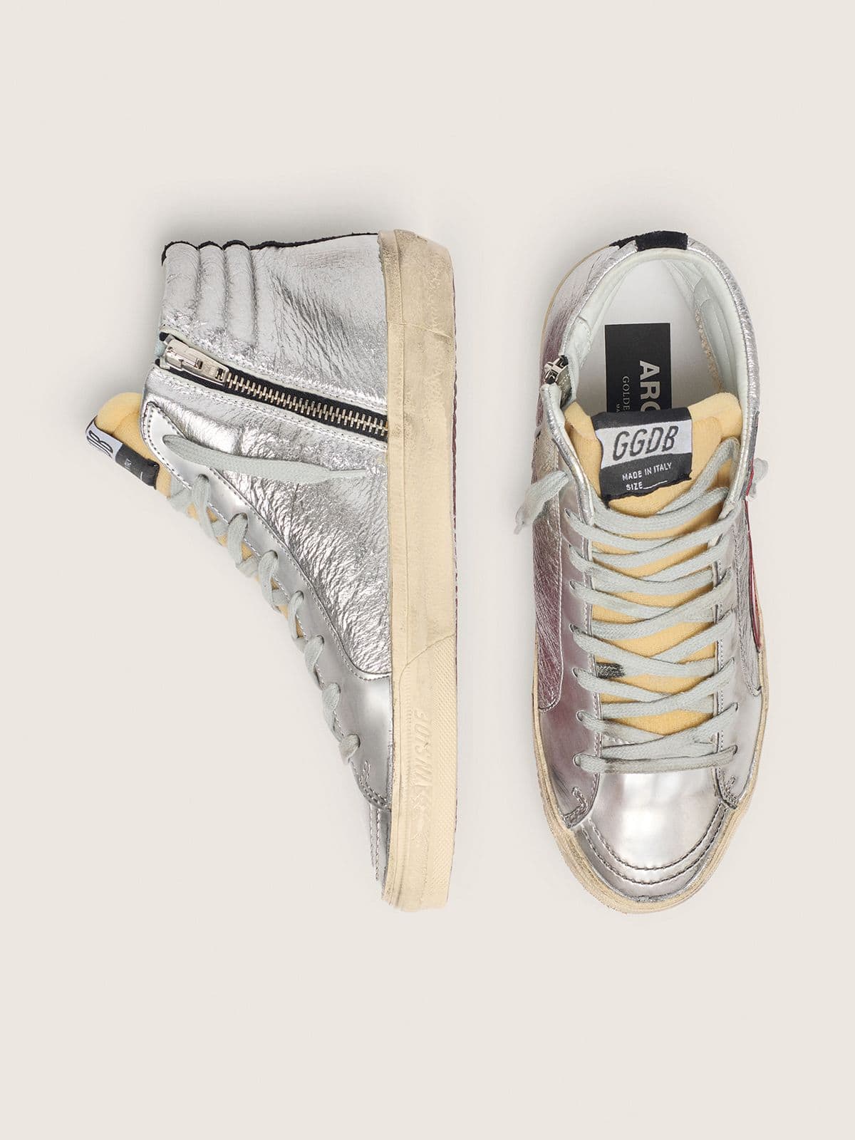 Women's Slide with silver metallic leather upper and red metallic leather flash