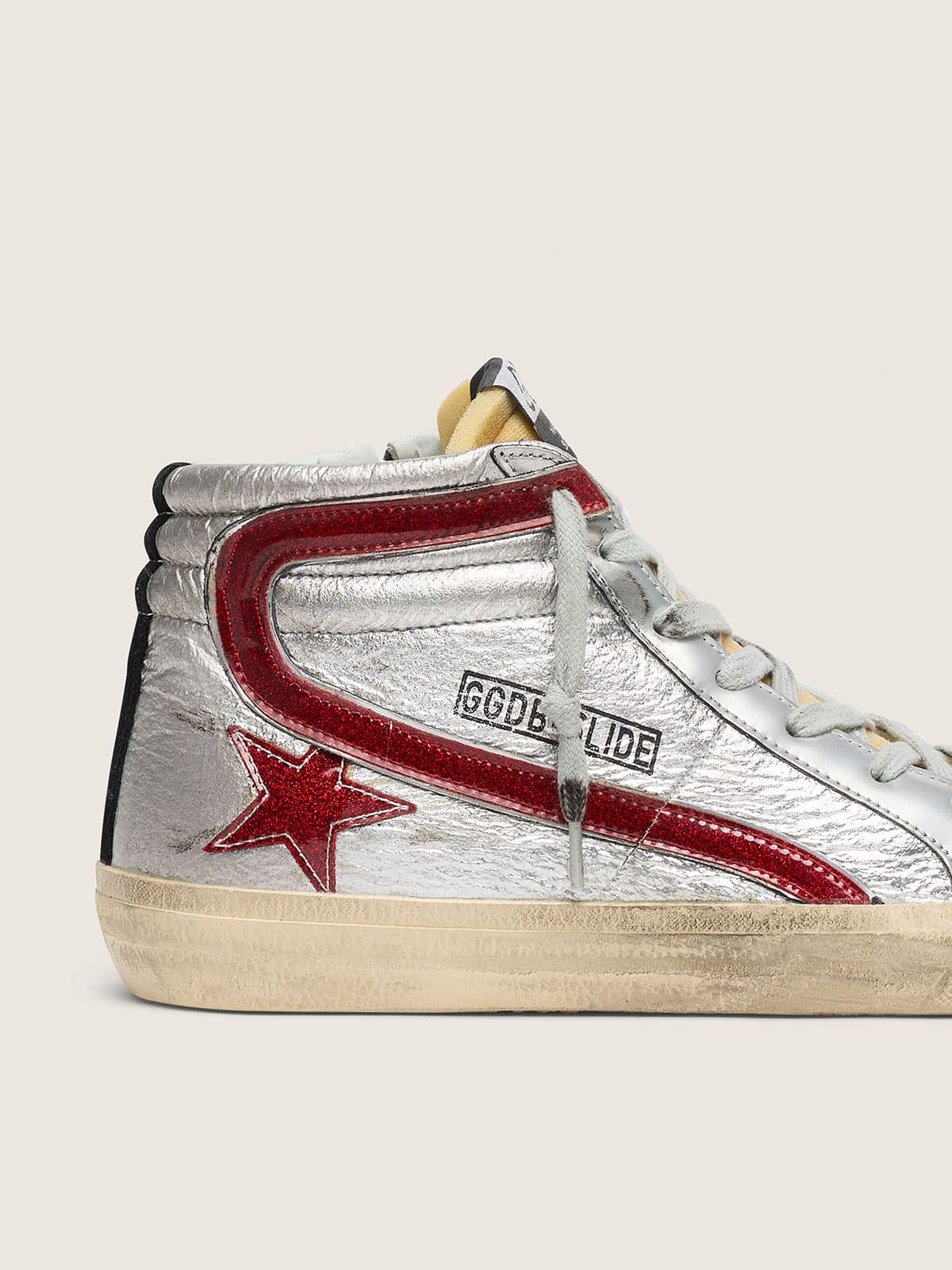Women's Slide with silver metallic leather upper and red metallic leather flash