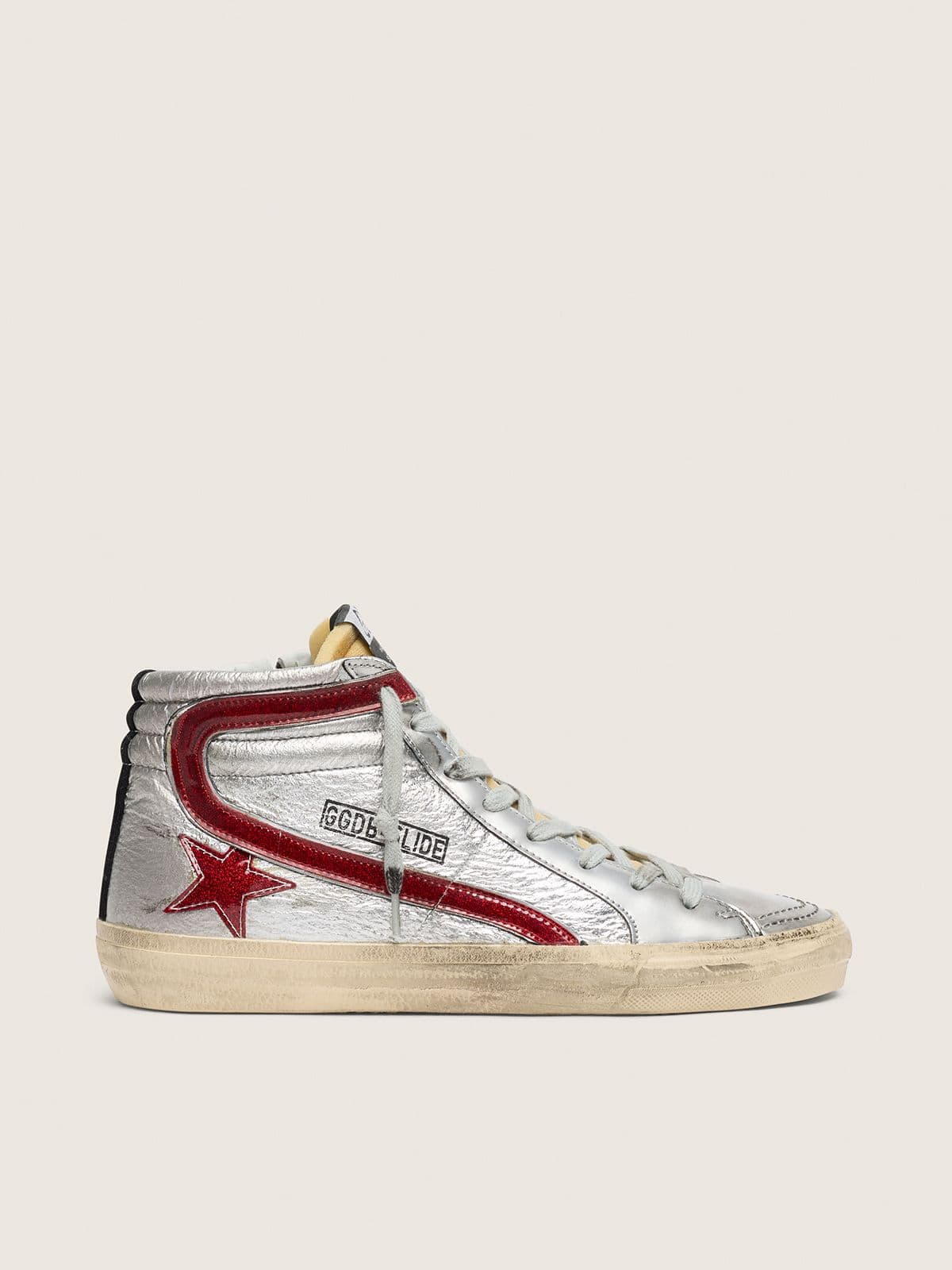 Women's Slide with silver metallic leather upper and red metallic leather flash