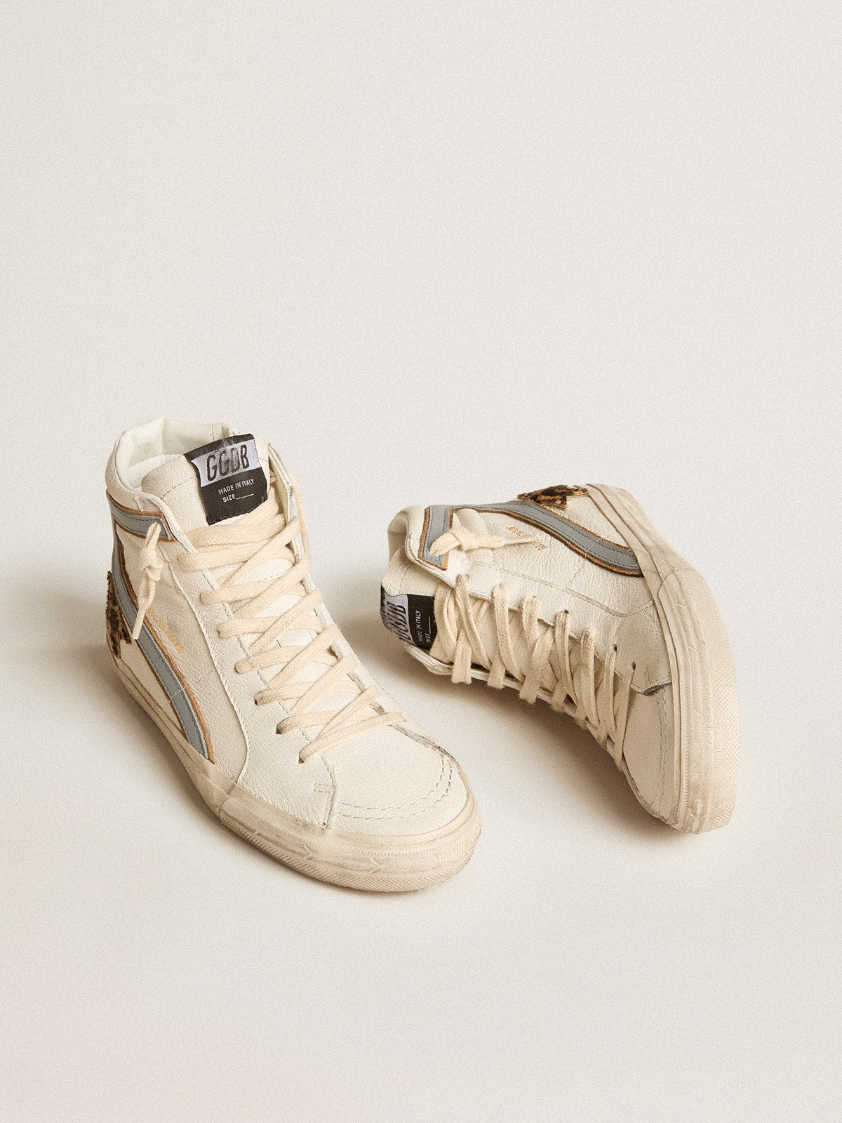 Slide in nappa with leopard-print pony skin star and gray nappa flash