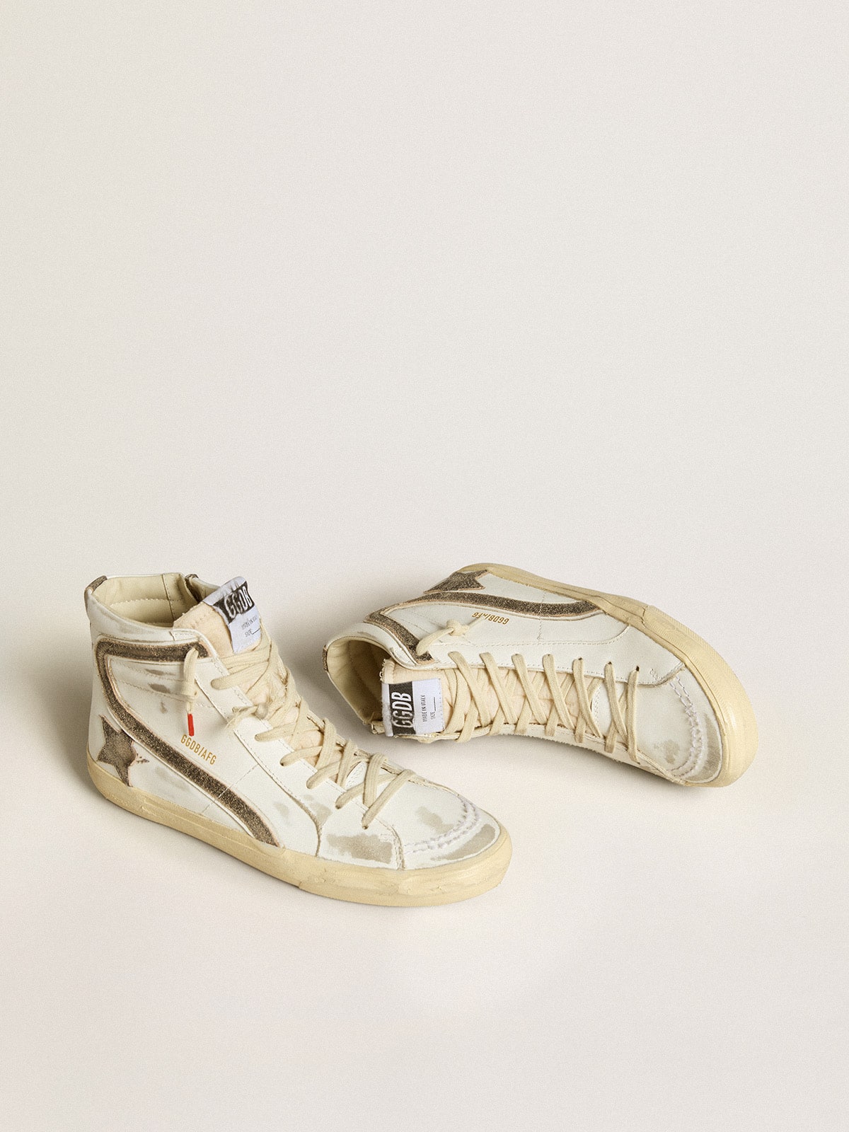 Women's Slide LAB in white leather with star and flash in brown suede