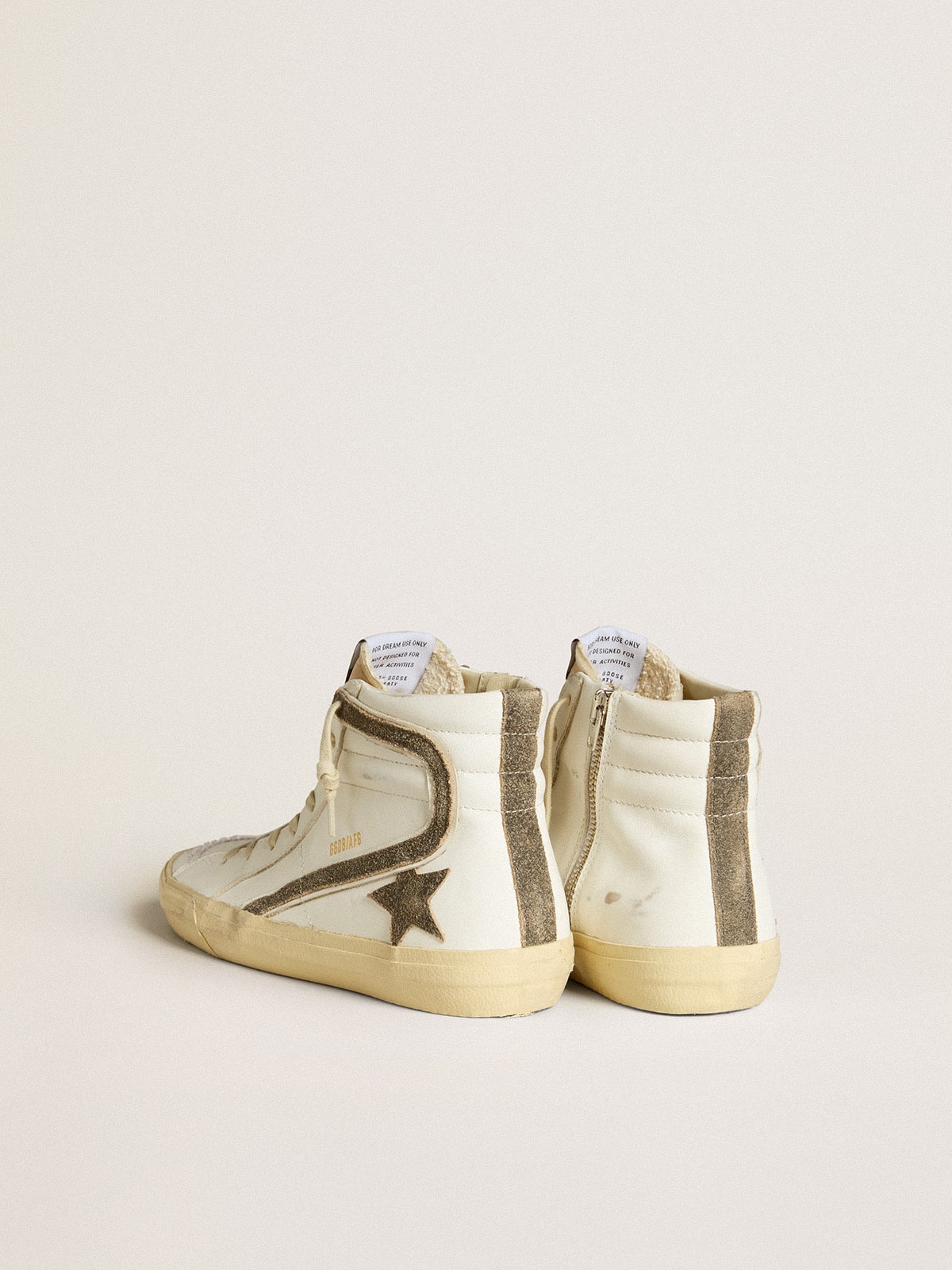 Women's Slide LAB in white leather with star and flash in brown suede