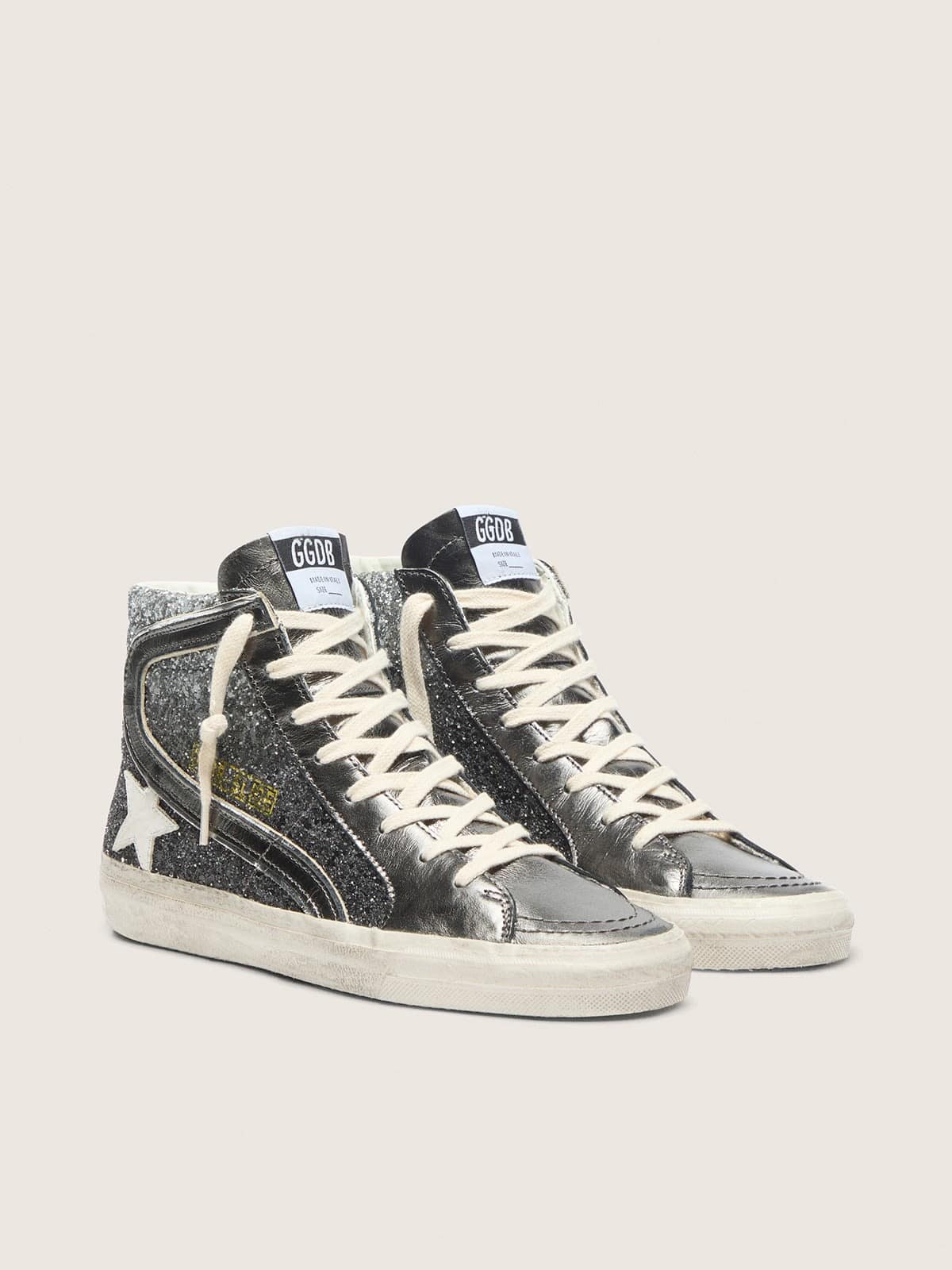 Women's Slide in black and silver glitter with leather star and metallic flash