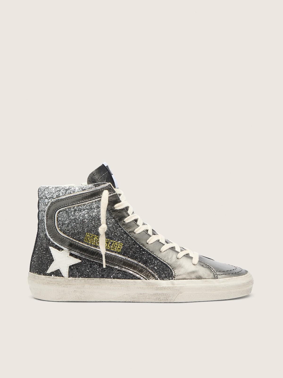 Women's Slide in black and silver glitter with leather star and metallic flash