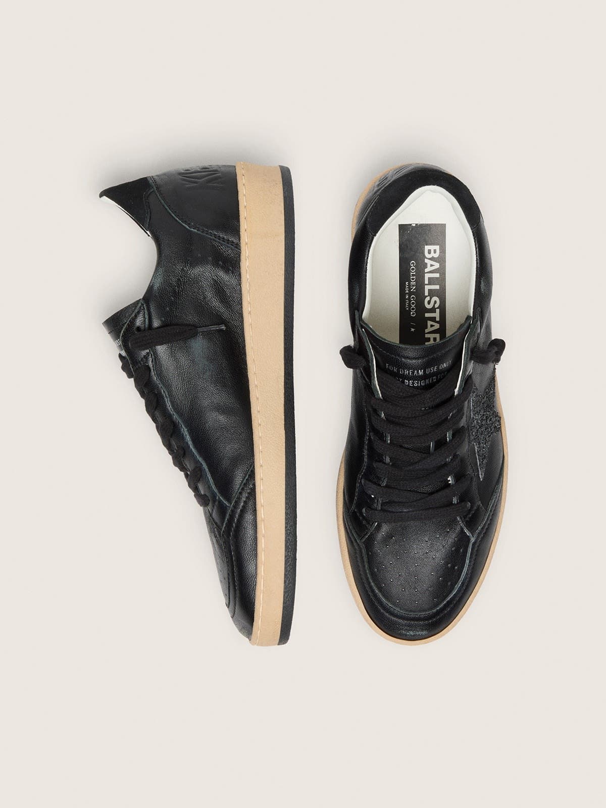 Women's Ball Star in black nappa with black glitter star and suede heel tab