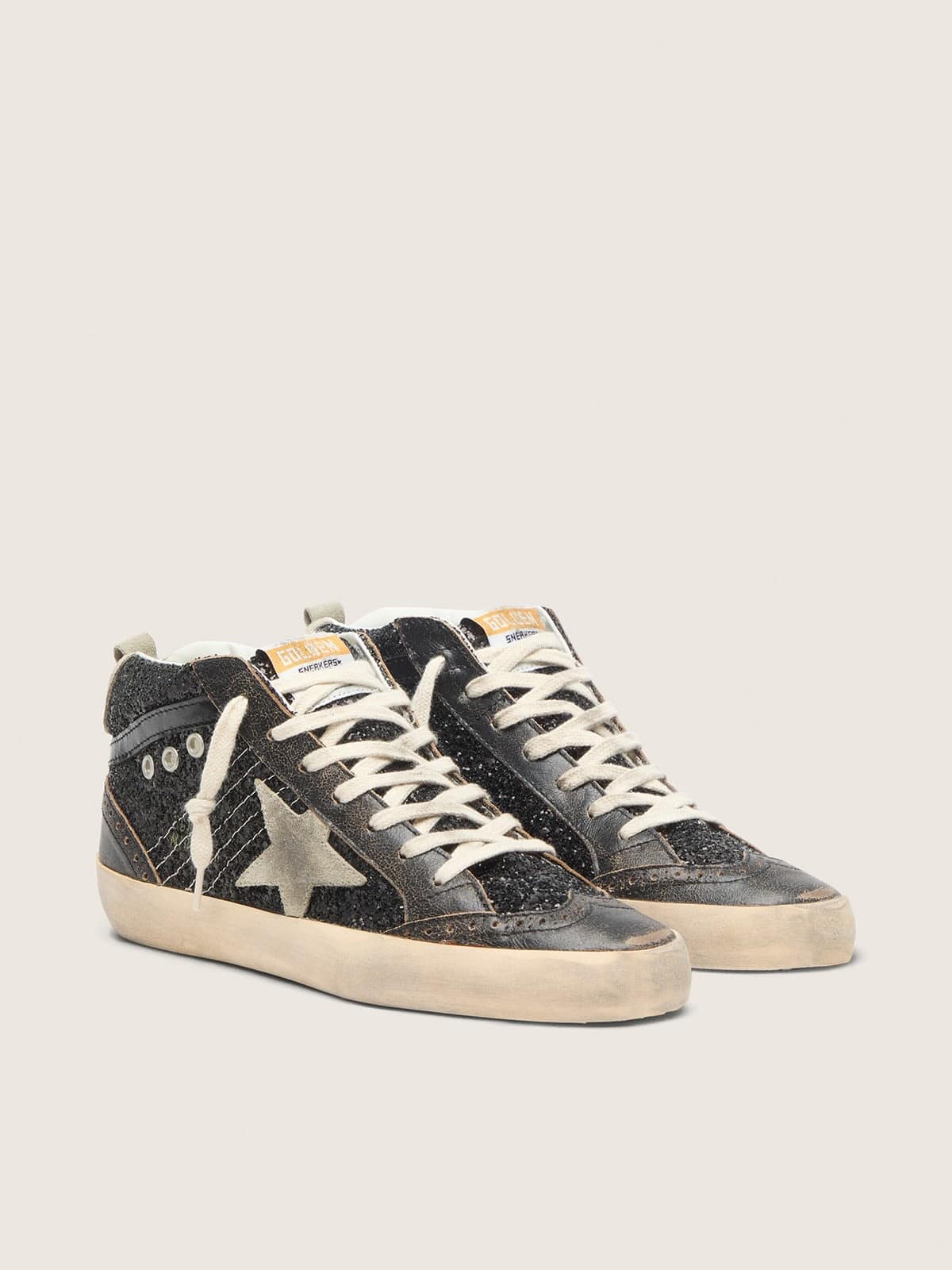 Women's Mid Star in black glitter with dove-gray suede star and heel tab