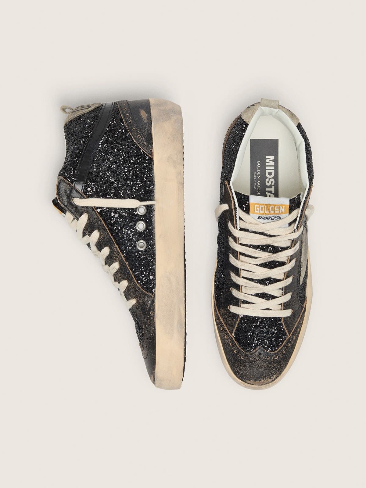 Women's Mid Star in black glitter with dove-gray suede star and heel tab