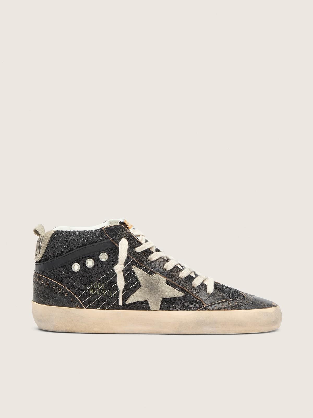 Women's Mid Star in black glitter with dove-gray suede star and heel tab