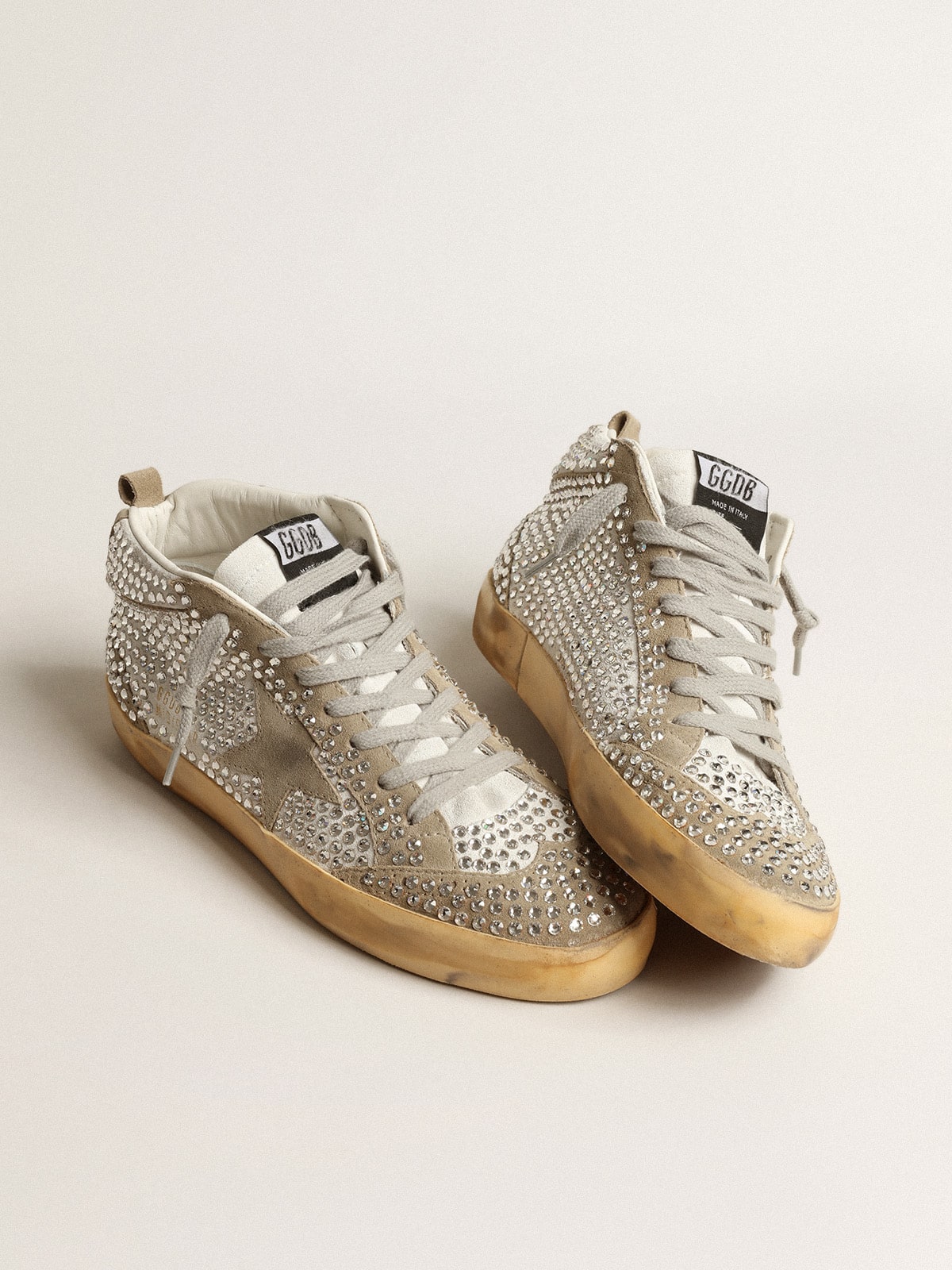 Women's Mid Star in white and dove-gray suede with Swarovski crystals