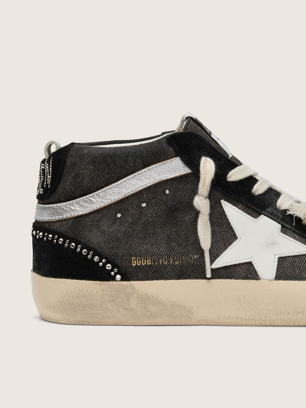 Mid Star LTD in black denim with suede inserts with Swarovski crystals