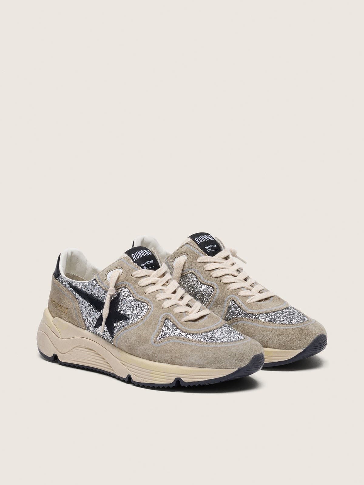 Women's Running Sole in silver glitter and dove gray suede