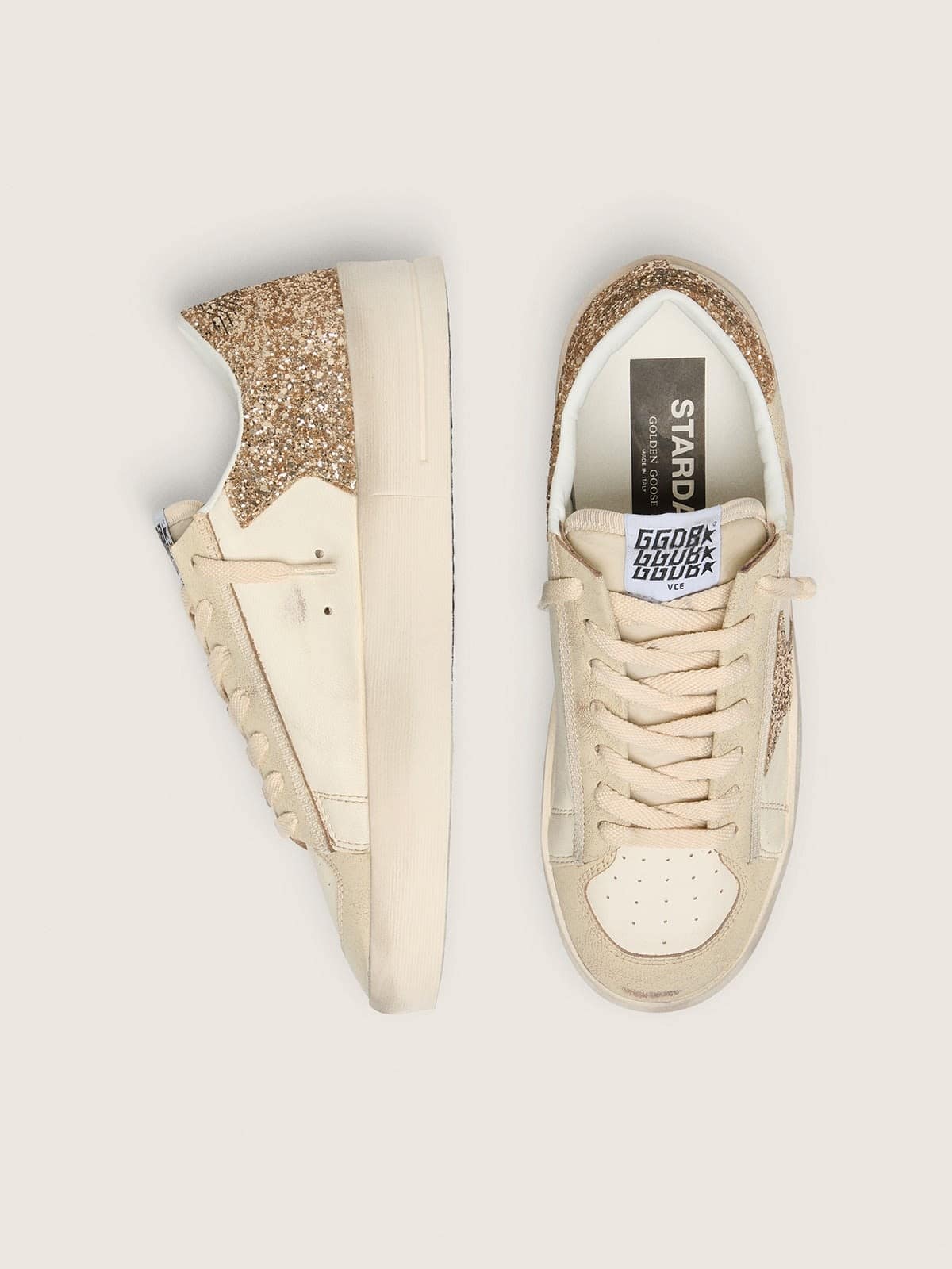 Women's Stardan in ecru nappa leather with gold glitter star and heel tab
