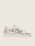 Stardan with beige suede star and toe and all-over lettering and patterns