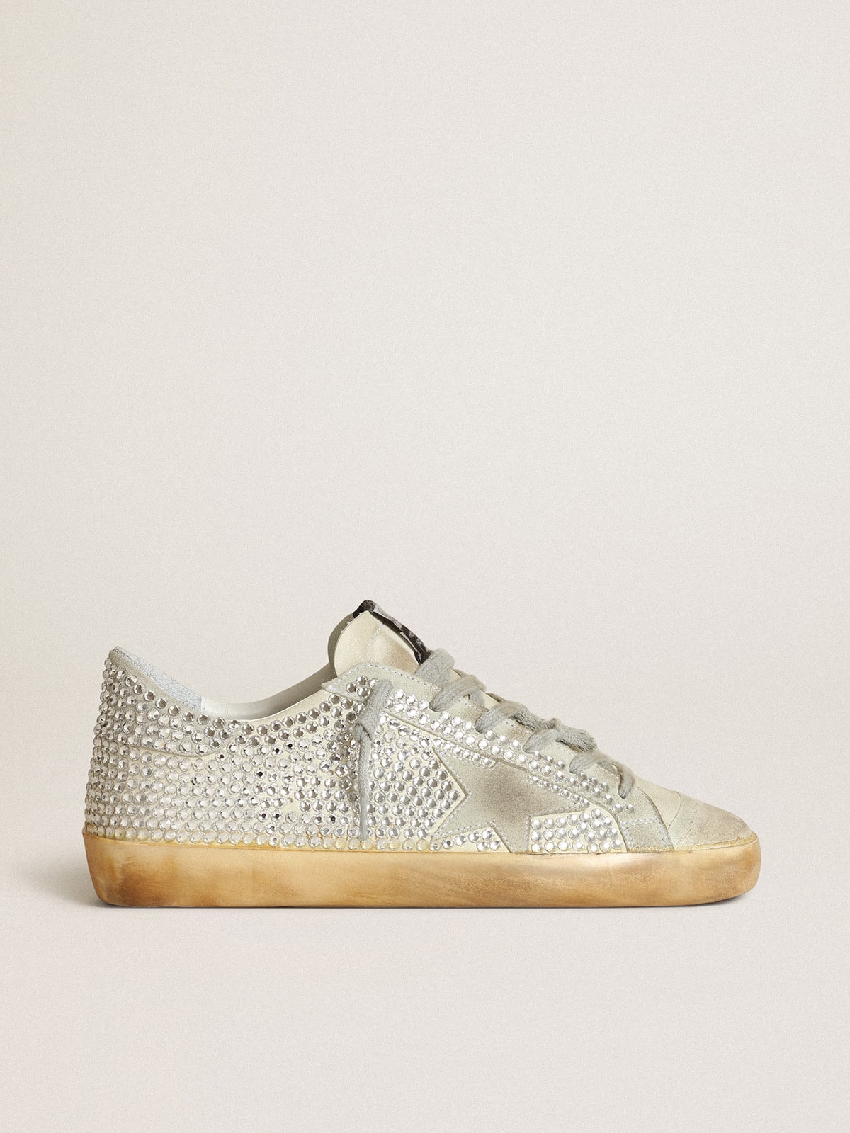 Women's Super-Star in aged white nubuck with Swarovski crystals