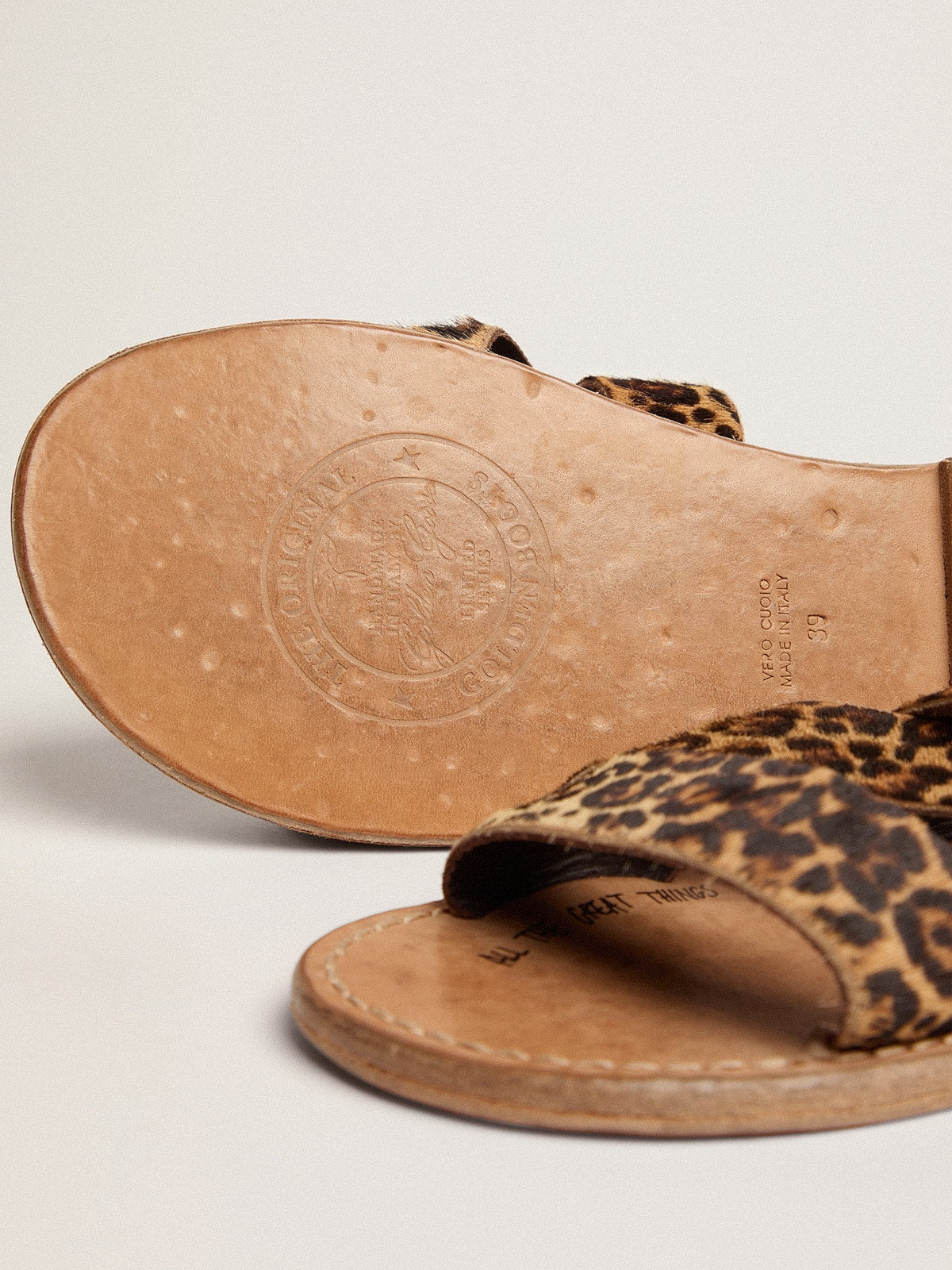 Margaret flat sandals in leopard-print pony skin