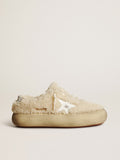 Women's Space-Star shoes in beige shearling with white leather star and metallic leather heel tab