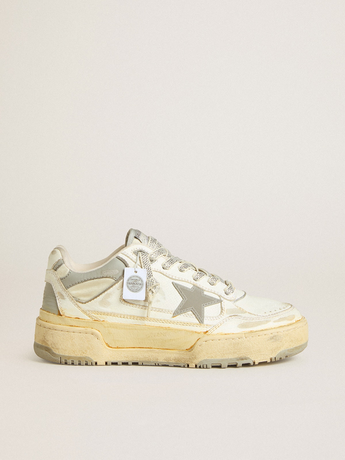 Women's Forty2 in white leather with laces with Swarovski crystals and gray star