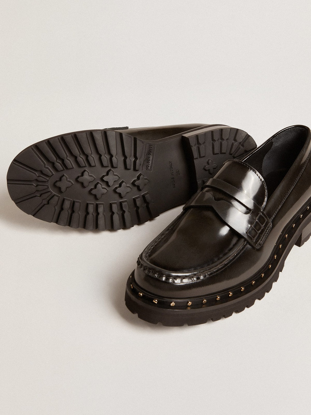 Women's chunky loafers in studded black leather